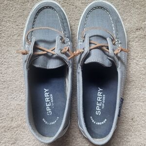 Sperry Gray Canvas Boat Shoes with Tan Laces